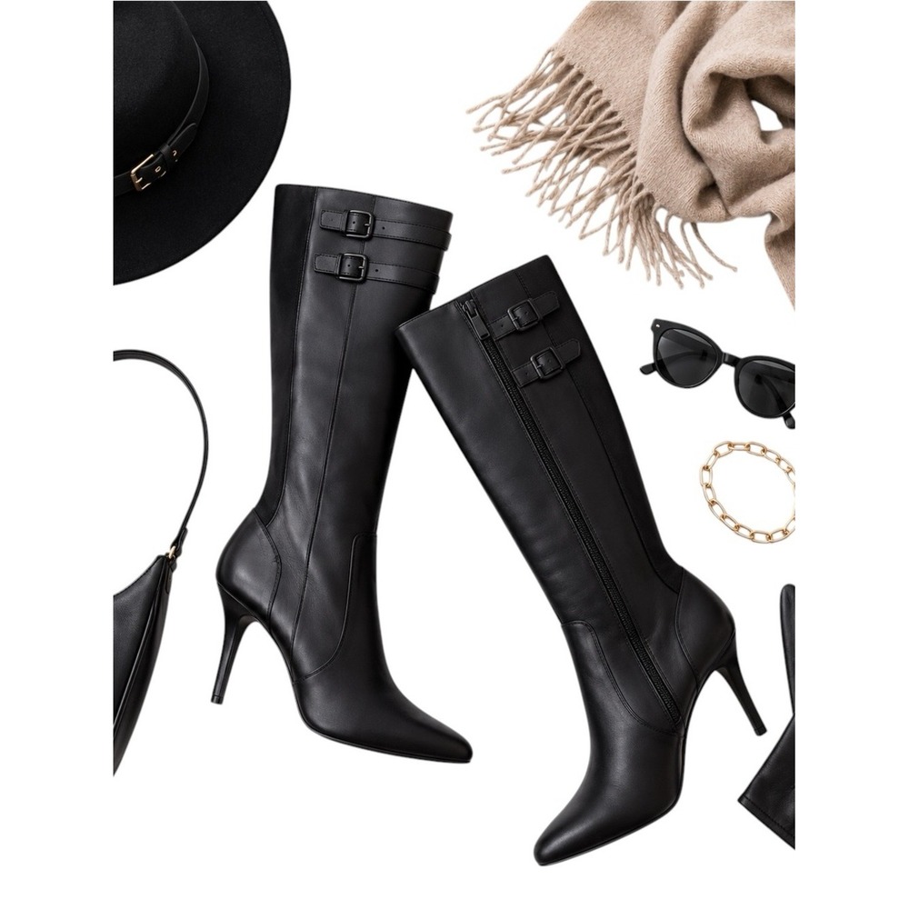 Cole Haan Poppy Bit Tall Black Leather Heeled Boots Size 6B NIB Classic Luxe NEW